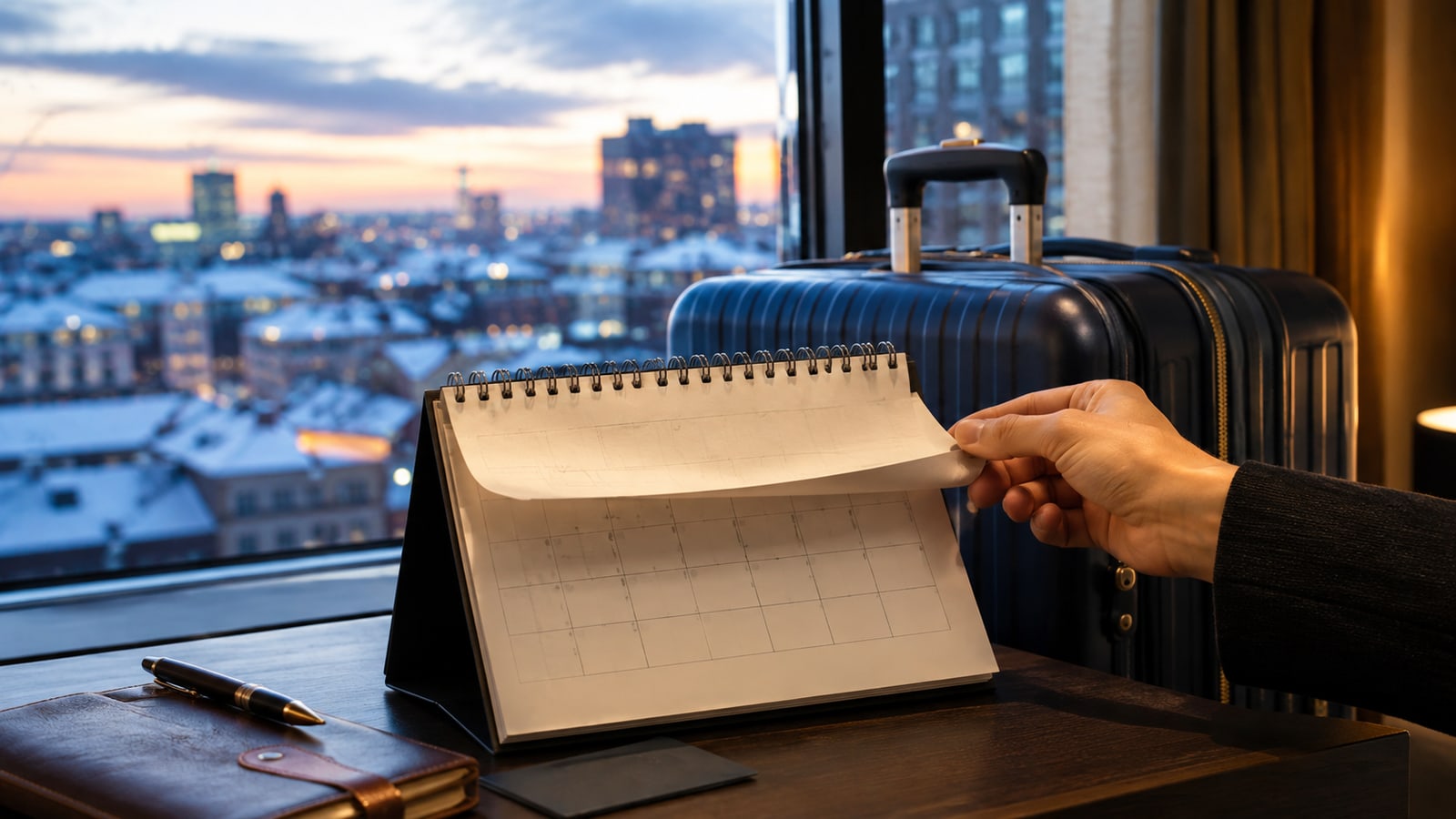 A calendar page being turned beside luggage and a winter hotel window; illustrative year-end night planning.