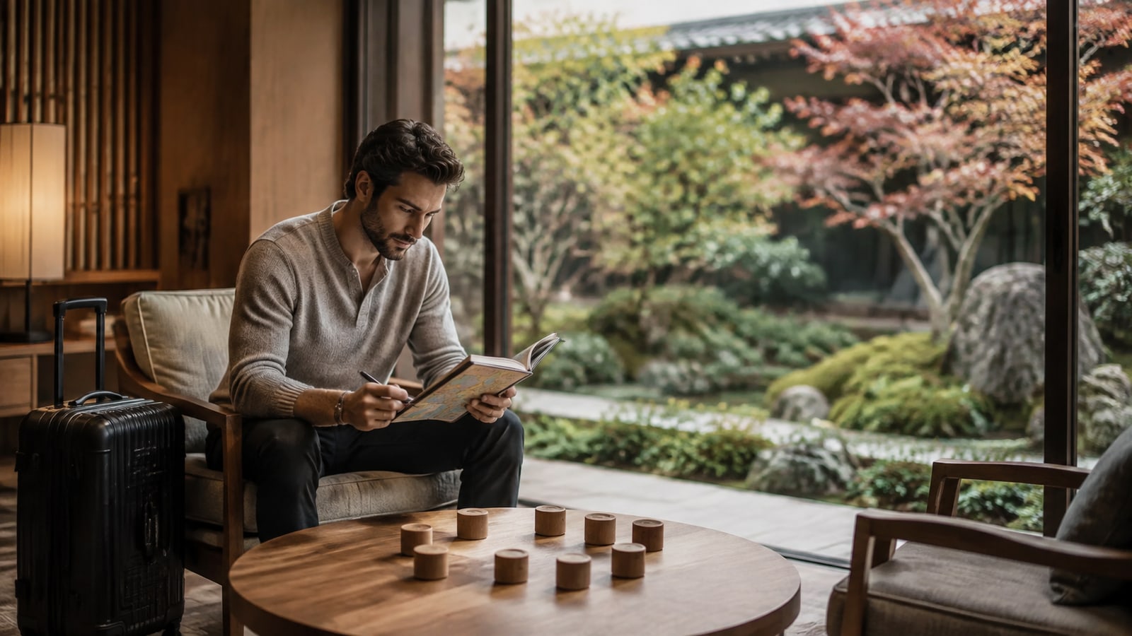 A traveler reviewing a planner and counters in a quiet hotel lounge; illustrative planning for remaining nights.