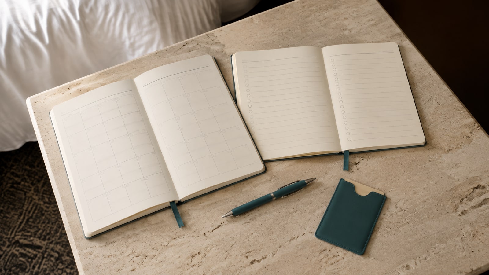 Two travel diaries separating calendar planning from a progress checklist; illustrative qualification and milestones.