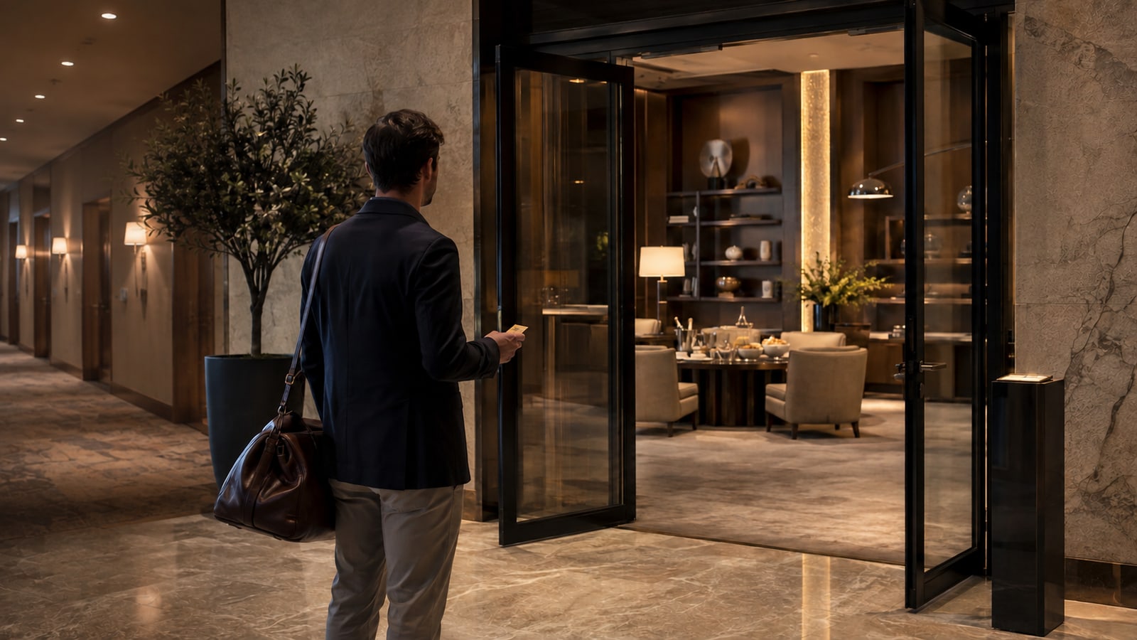 A guest at a hotel club lounge entrance holding a neutral room key; illustrative distinction between status and lounge access.