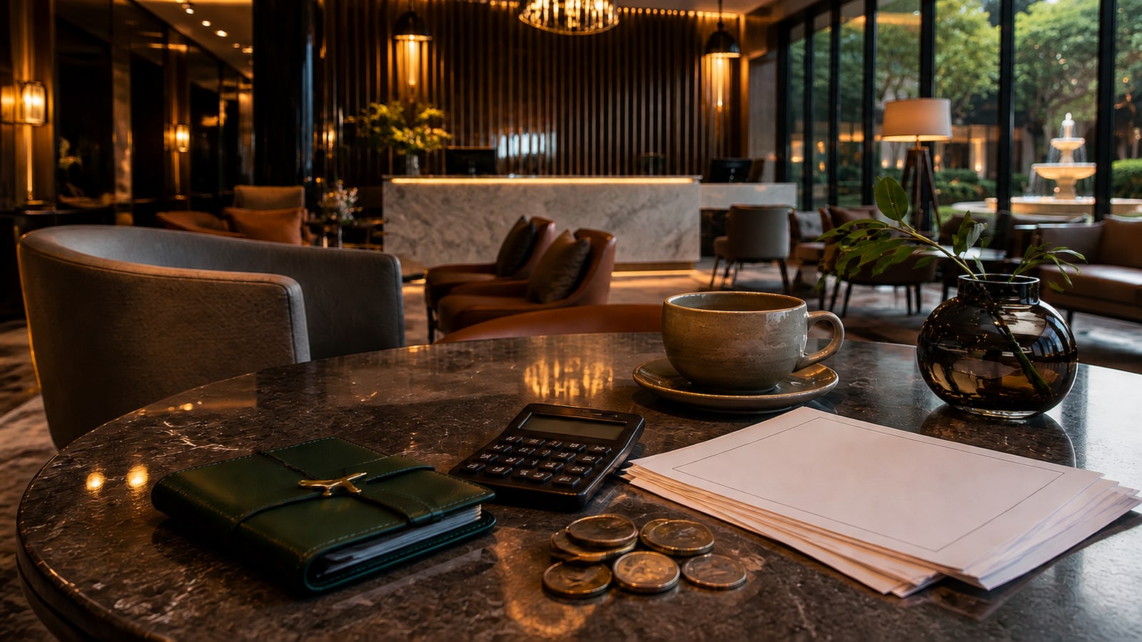 A calculator, travel wallet and reservation papers in a hotel cafe; illustrative mattress-night budgeting.