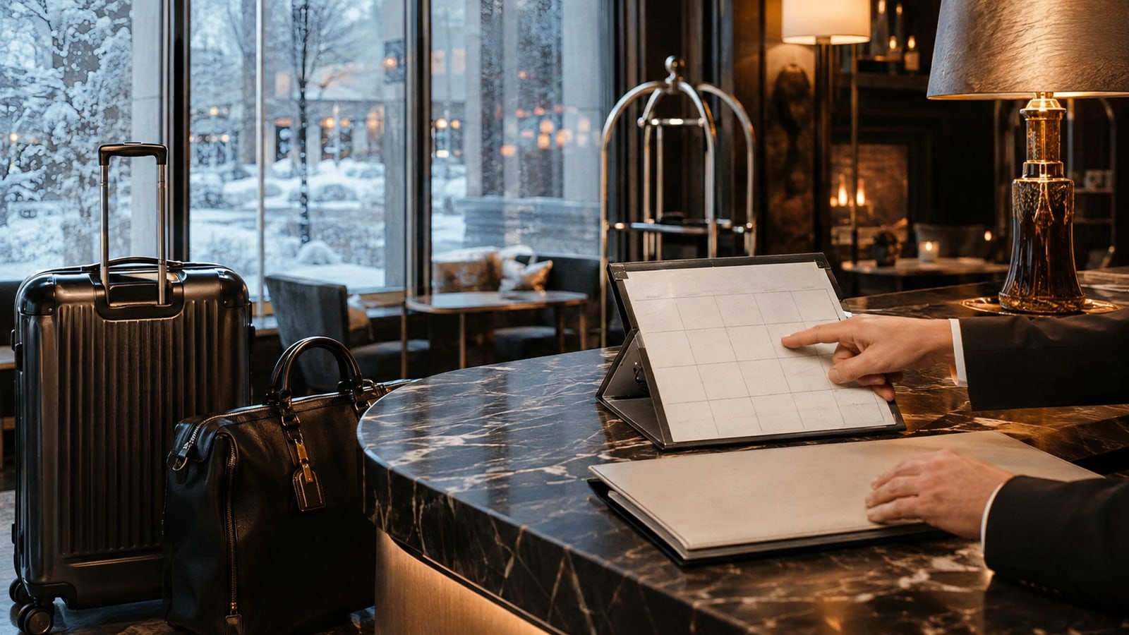 A hotel checkout folder and calendar at reception on a winter morning; illustrative year-end checkout planning.
