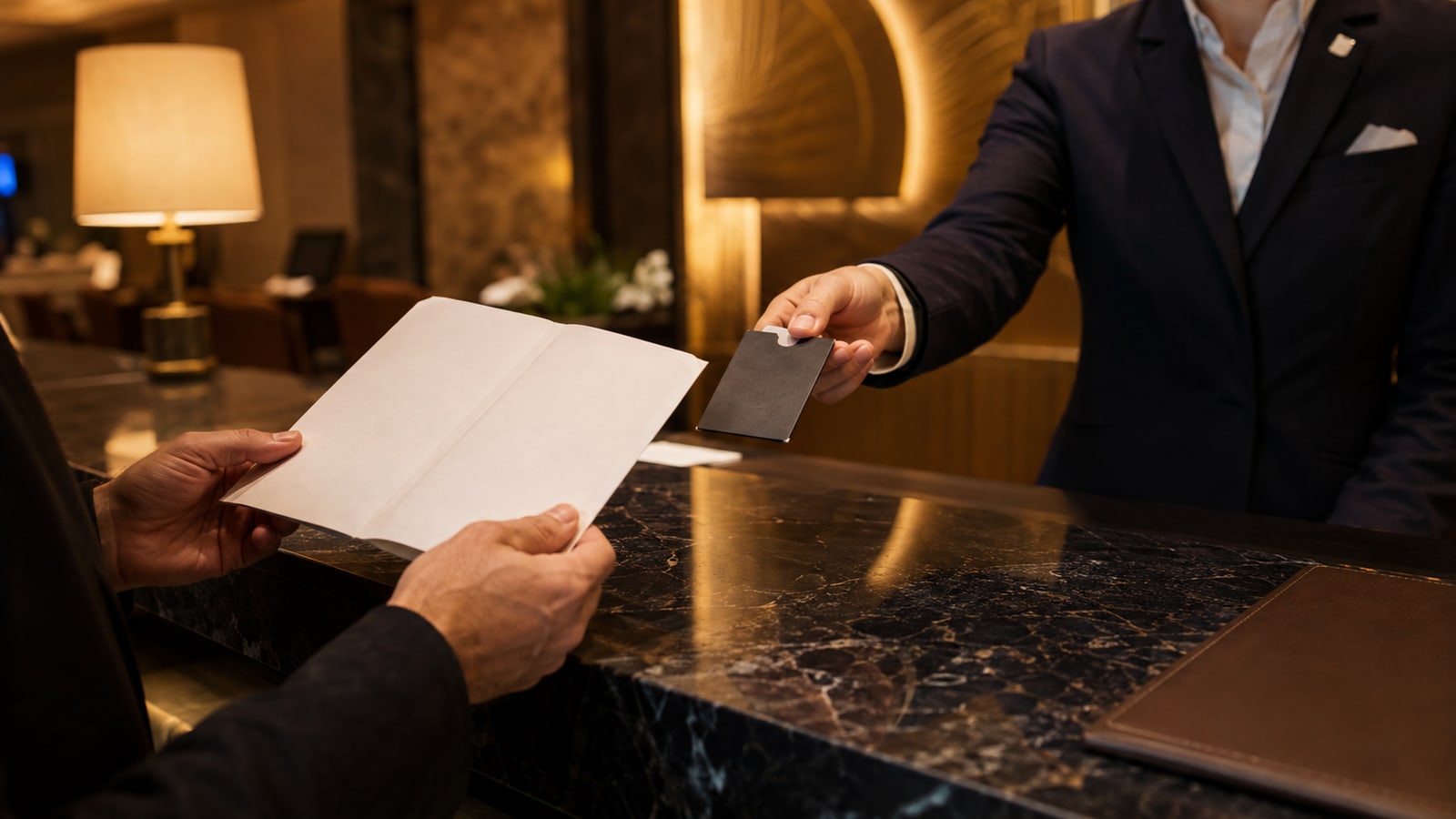 A guest checking a hotel folio with reception staff; illustrative verification of qualifying hotel nights.