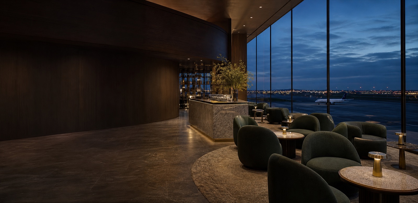 A refined airport lounge overlooking a runway at blue hour