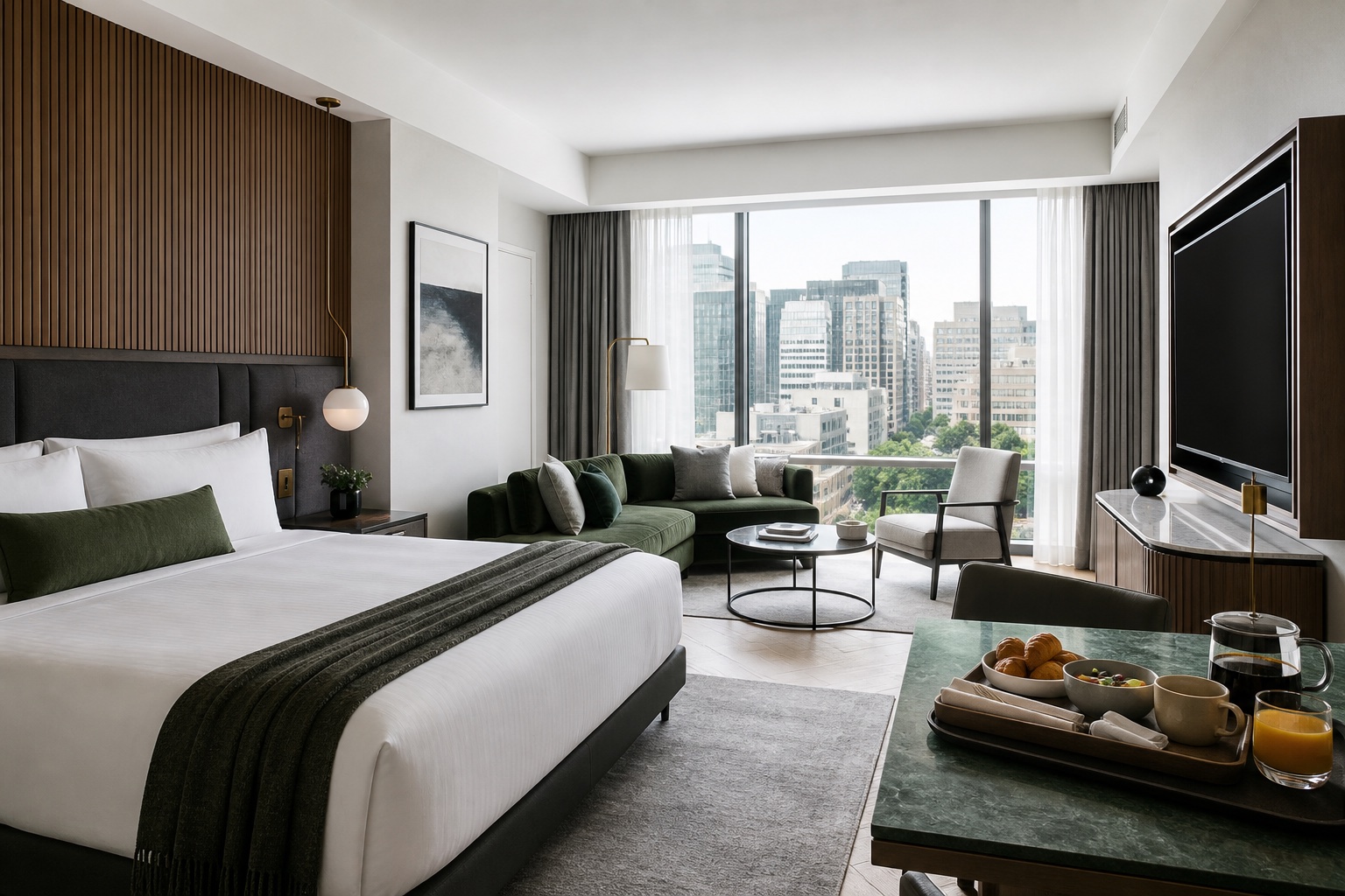 A contemporary upgraded hotel suite with breakfast service and a city view